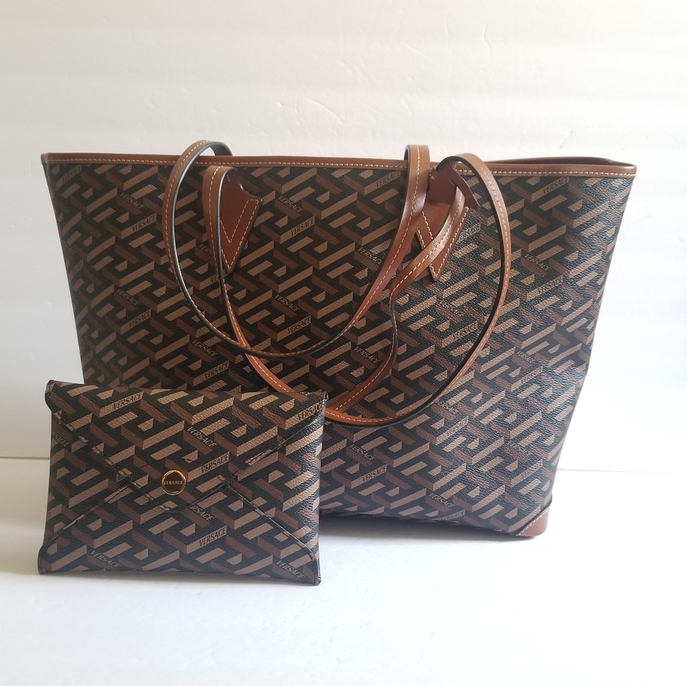 Versace Greca Monogram Coated Canvas Tote With Pouch Black Cream Gold - Picture 3 of 10